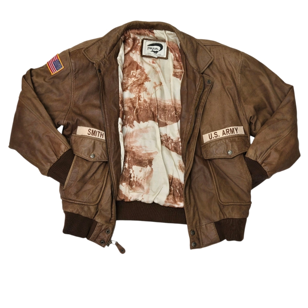 Mens Fox Run Brown‎ Leather Bomber Jacket L Patched Coat US ARMY Battle Scene